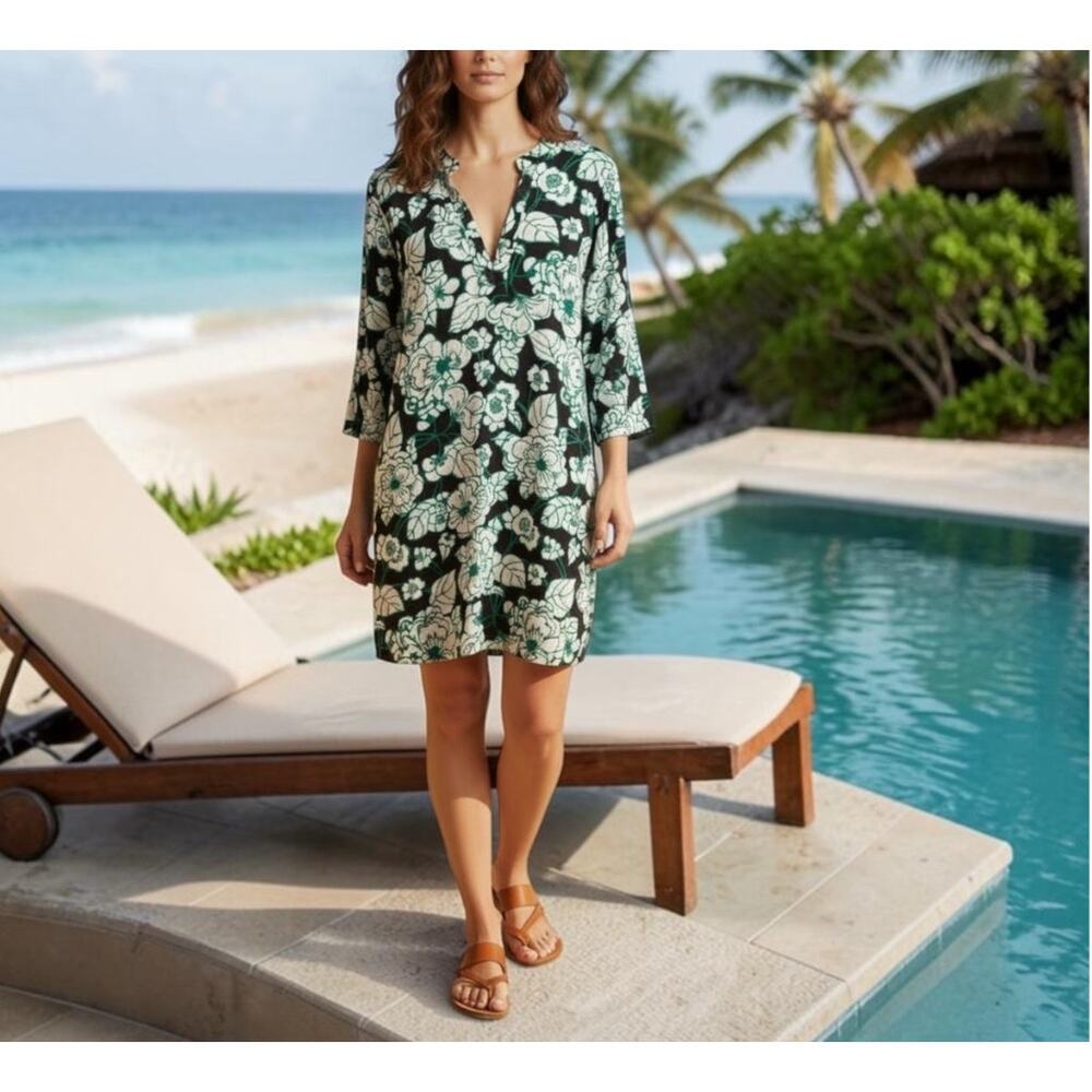 Lands' End swimsuit beach cover up XL tropical floral tunic top green blue